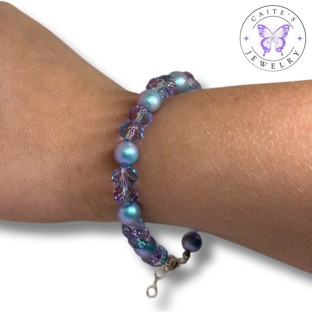 Handmade Silver Wire Bracelet with Purple and Blue Iridescent Beads - Picture 2 of 2